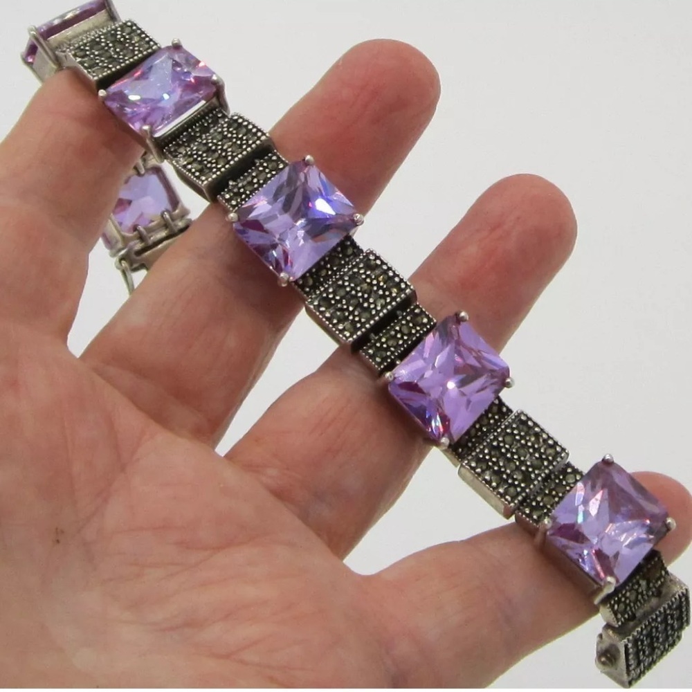 Vintage sterling silver marcasite and amethyst color glass  stones  Bracelet